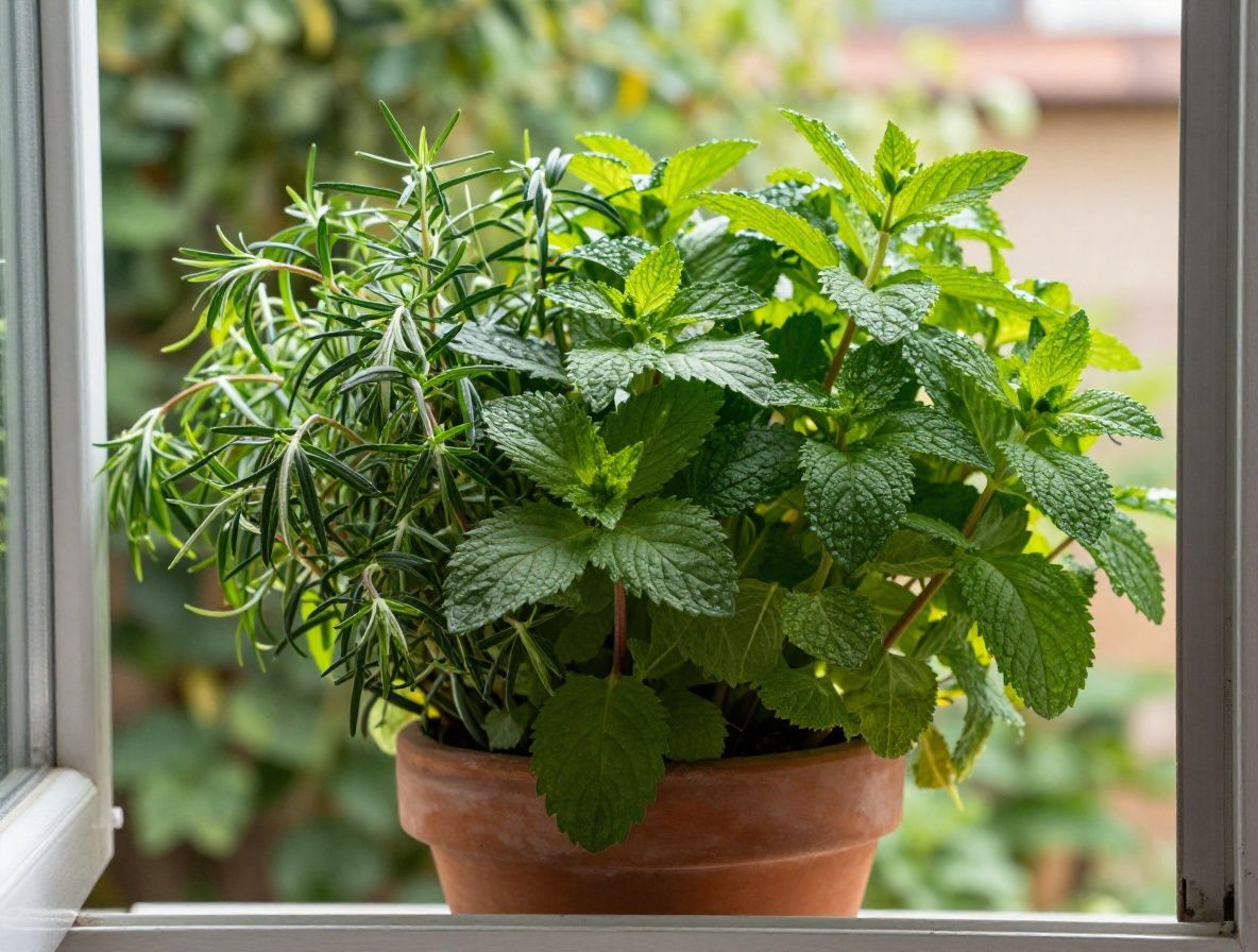 Hierbas aromaticas frescas incluyendo romero, tomillo, albahaca y menta en macetas de barro sobre ventana soleada con fondo desenfocado de jardin