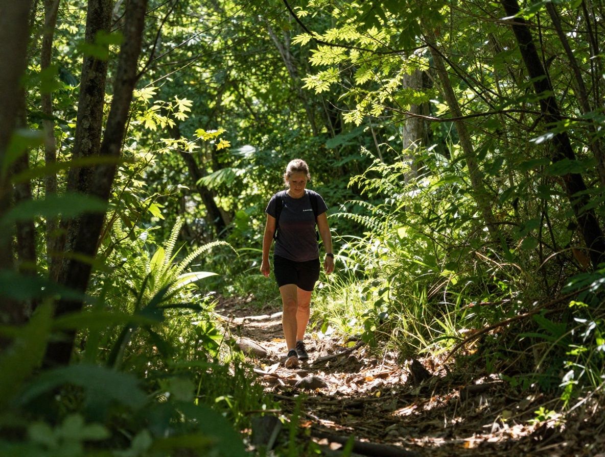 Persona adulta practicando caminata en sendero natural rodeado de vegetacion verde exuberante, con luz solar filtrando entre los arboles en atmosfera tranquila y serena de manana